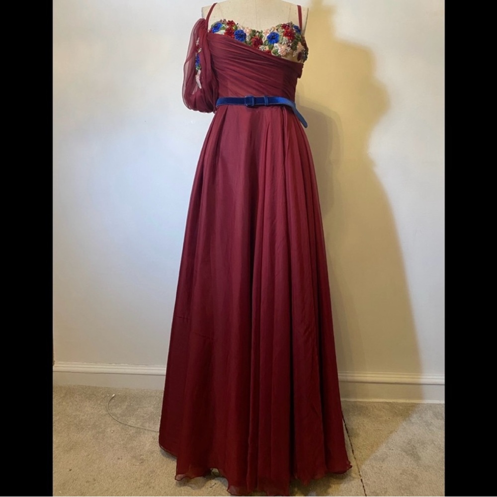 Teuta Matoshi Elegant Burgundy Evening Gown with Embroidered Floral Accents